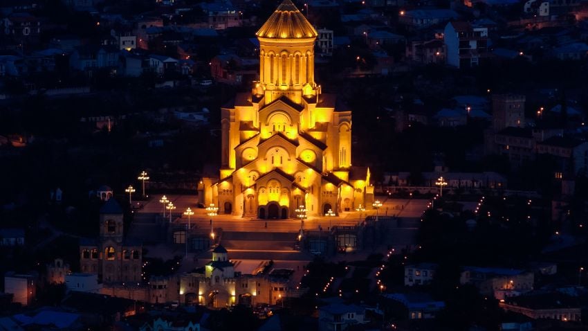 A view of the Holy Trinity Cathedral of Tbilisi at night, Georgia