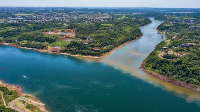 Aerial view of the landmark of the three borders (hito tres fronteras), Paraguay, Brazil and Argentina in the Paraguayan city of Presidente Franco near Ciudad del Este