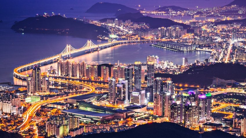 Busan, South Korea aerial view at night