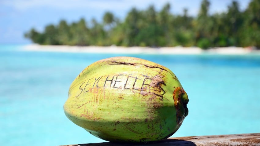 Coco fresco con el nombre "Seychelles" escrito en él