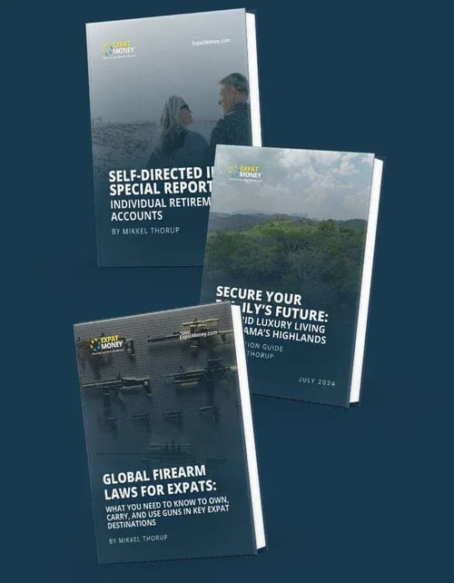 Set of Expat Money reports covering retirement accounts, luxury living in Panama, and global firearm laws for expats, included in the Business Class membership.