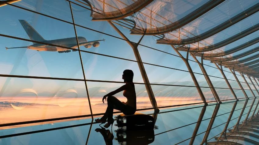 The image depicts a solitary traveler seated on their suitcase in a modern airport terminal, silhouetted against the expansive glass facade revealing a sunset sky. An airplane is seen taking off in the background, its form mirrored in the glass, symbolizing travel and the anticipation of a journey. The warm colors of the sunset fill the scene with a sense of calm and wanderlust. The structural elements of the terminal, with their curved designs, add an elegant and futuristic touch to the atmosphere.