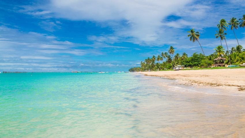 As praias de Maragogi, localizadas no estado de Alagoas, nordeste do Brasil, têm águas transparentes, areias brancas e o banho de mar é bom para adultos e crianças