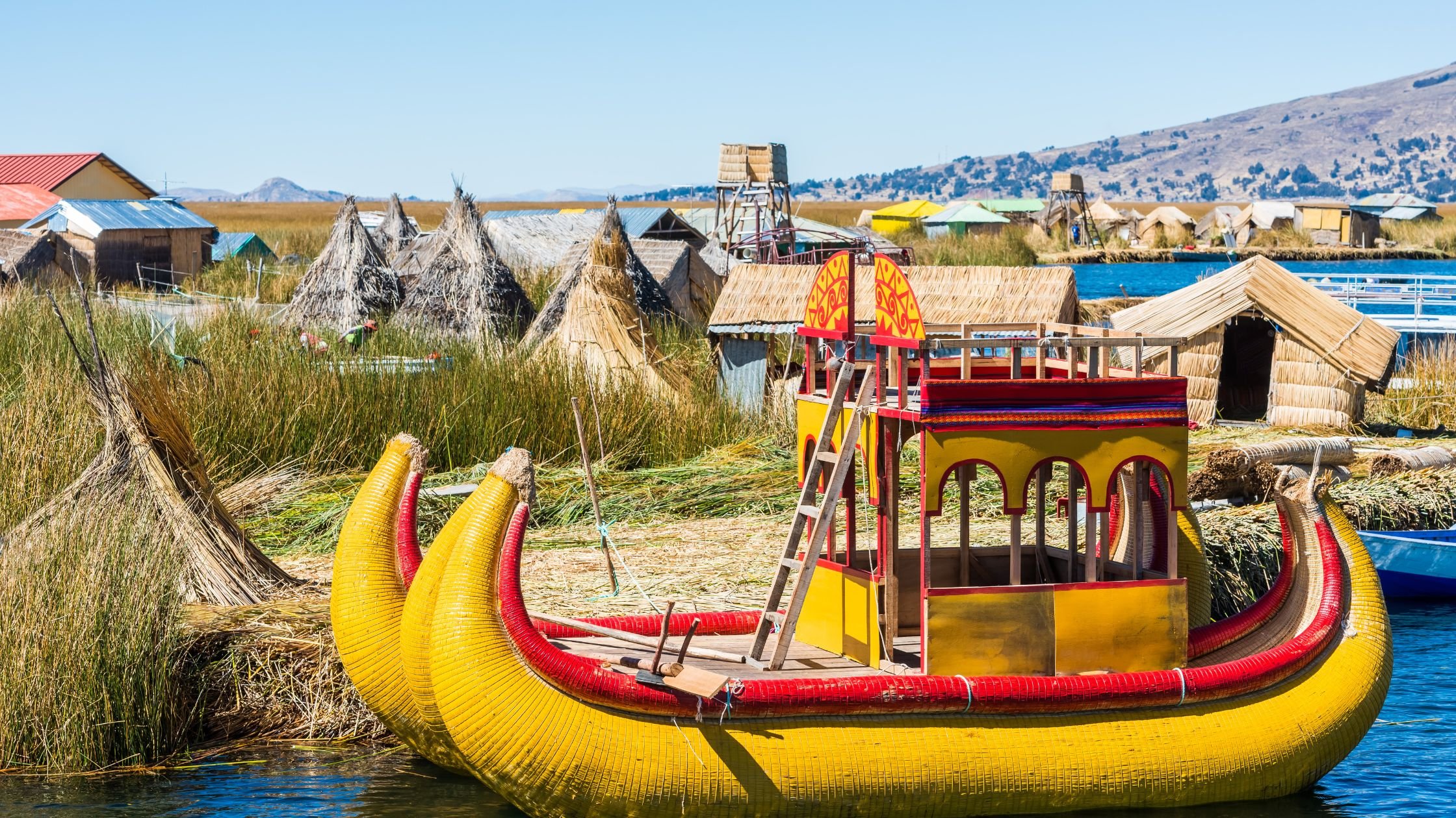 Boats moored in Lake Titicaca