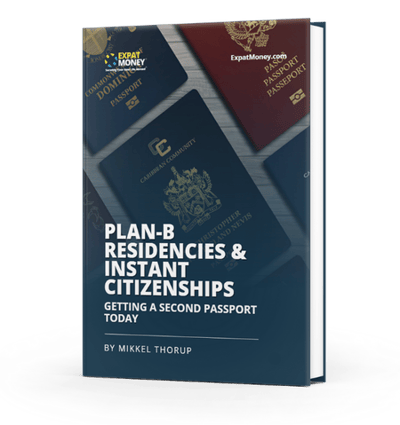 3D mockup of the book Plan-B Residencies & Instant Citizenships: Getting a Second Passport Today by Mikkel Thorup, featuring various international passports on the cover.