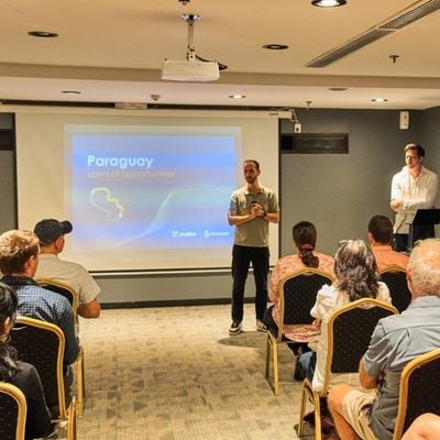 Mikkel in the conference room — September Paraguay tour, 2025.