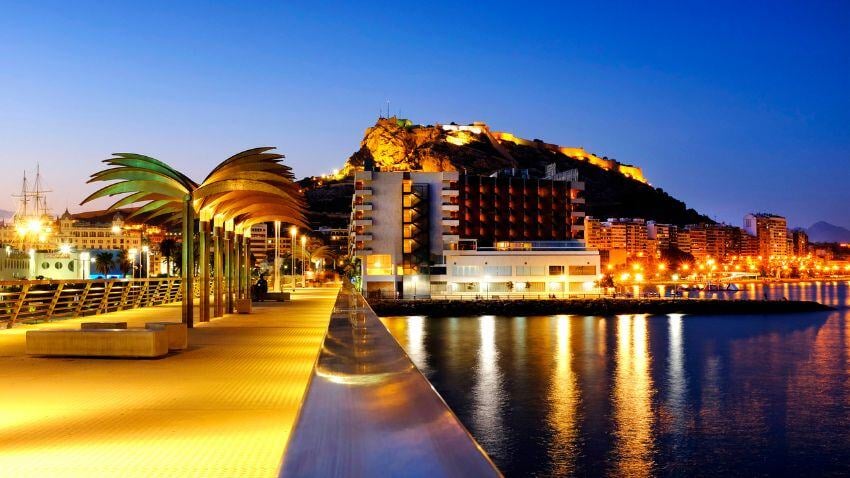 View of the harbour with the Castle of Santa Bárbara in Alicante, Spain