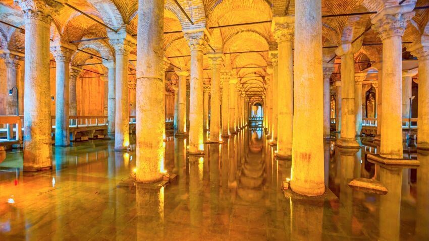 The Basilica Cistern, a 6th-century Byzantine marvel, features grand columns, atmospheric lighting, and iconic Medusa heads, showcasing its role as a water reservoir for the Great Palace