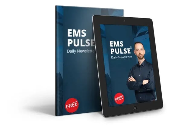 3D mockup on a dark background showing an EMS PULSE Daily Newsletter hardcover and a tablet at an angle. Title on both covers, circular red "FREE" badge in the corner, and a portrait of Mikkel Thorup with folded arms wearing a dark shirt.
