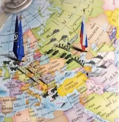 Map of Europe with NATO and Russian flags marking geopolitical tensions in the region.