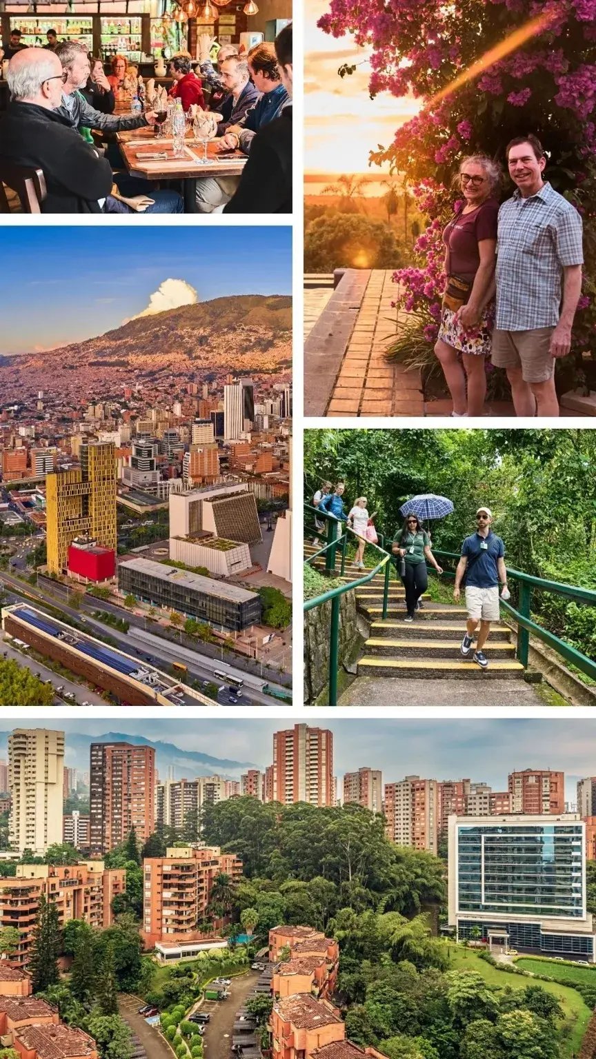 A collage of photos of Expat Exploration & Investment Tour, featuring a group dining together, a couple standing by vibrant flowers at sunset, aerial views of Medellín’s skyline and neighborhoods, and participants walking through lush green trails.