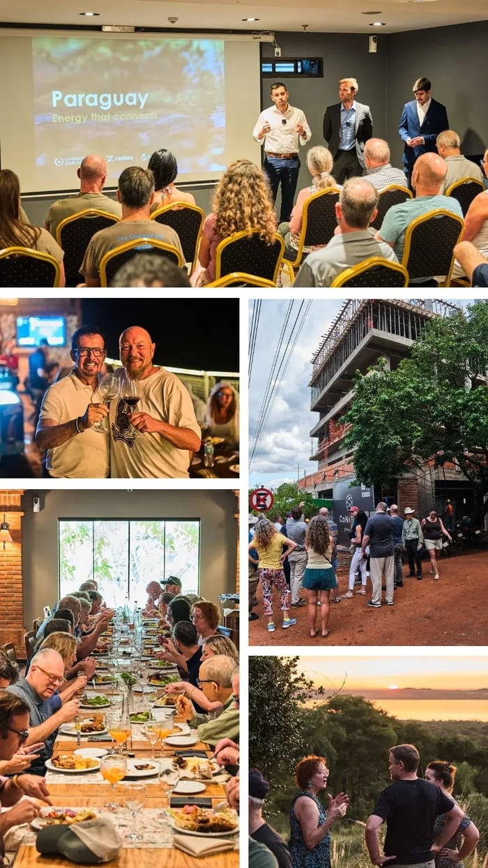 Image grid from the Paraguay tour: conference talk, two men toasting, construction site visit, long group lunch, street tour, and sunset conversation.