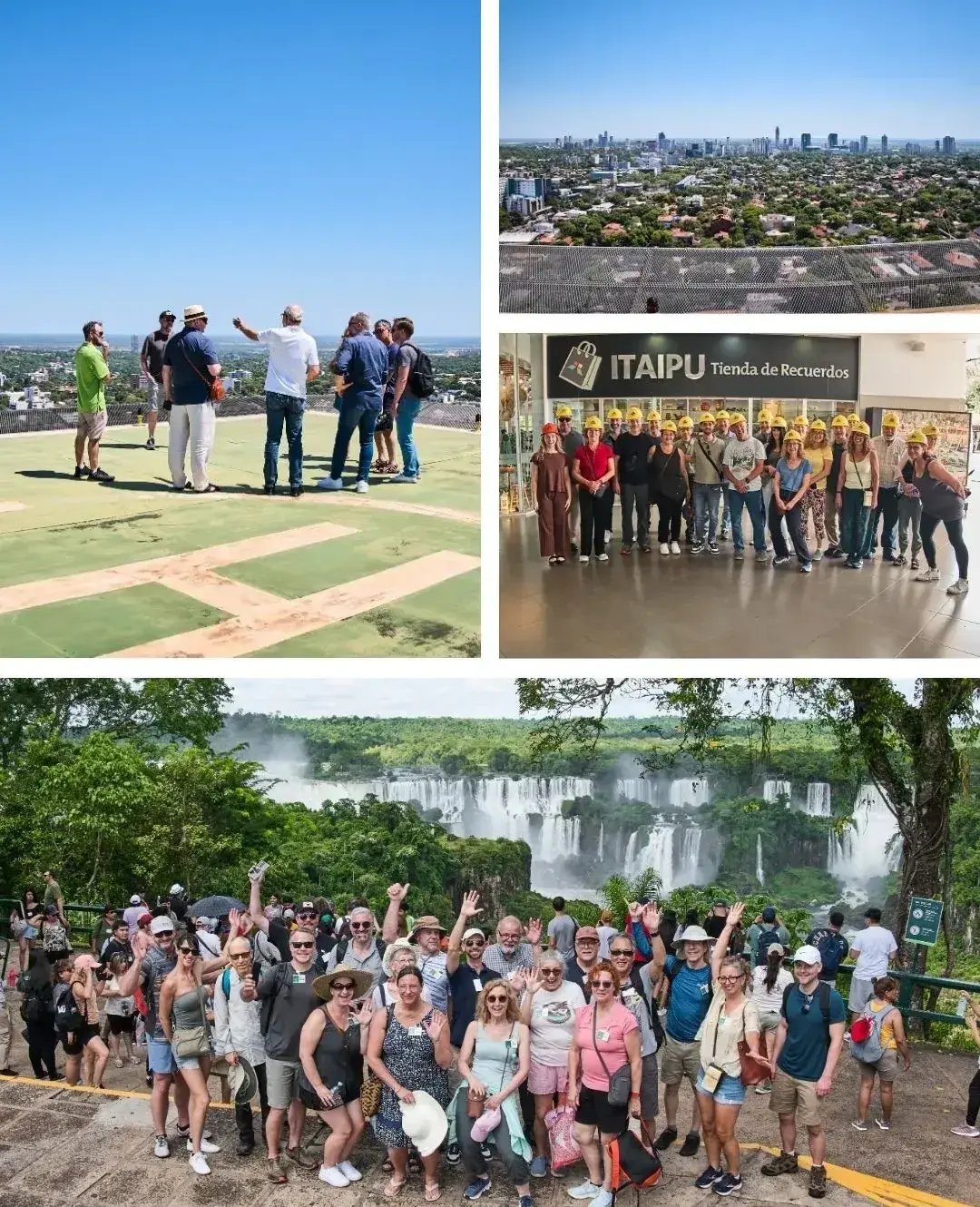 Image grid from the Paraguay tour: group on a helipad with city view, skyline panorama, Itaipu visit (hard hats), and group at Iguazú Falls.