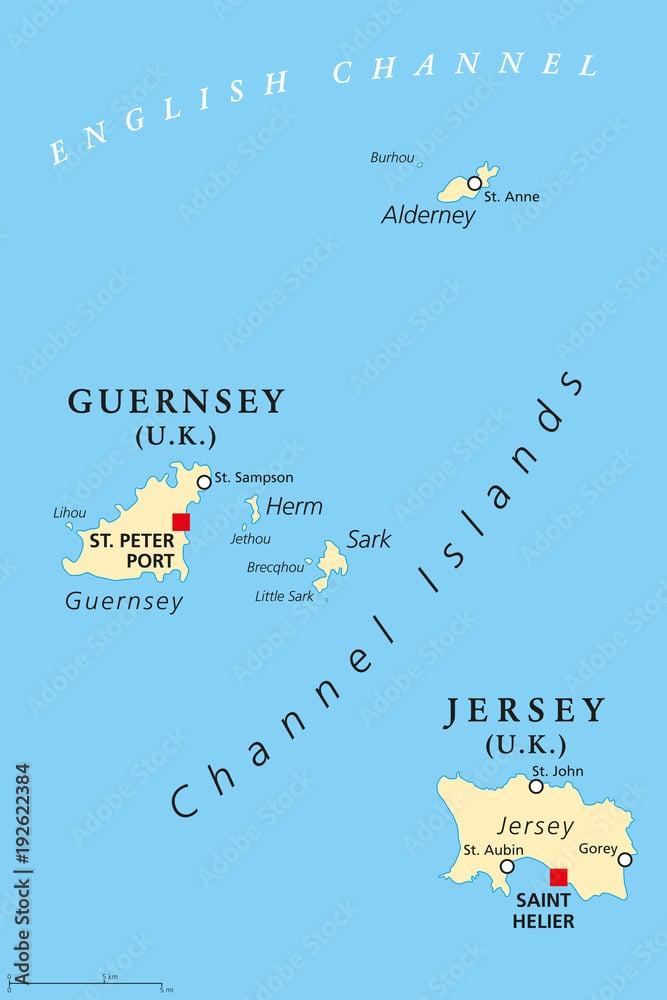 Map of Channel Islands, Alderny, Guernsey and Jersey