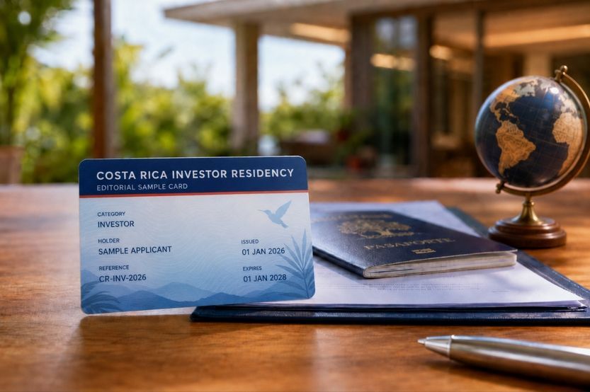 Costa Rica DIMEX residency card obtained through a US$150,000 investment, displayed beside a passport and globe