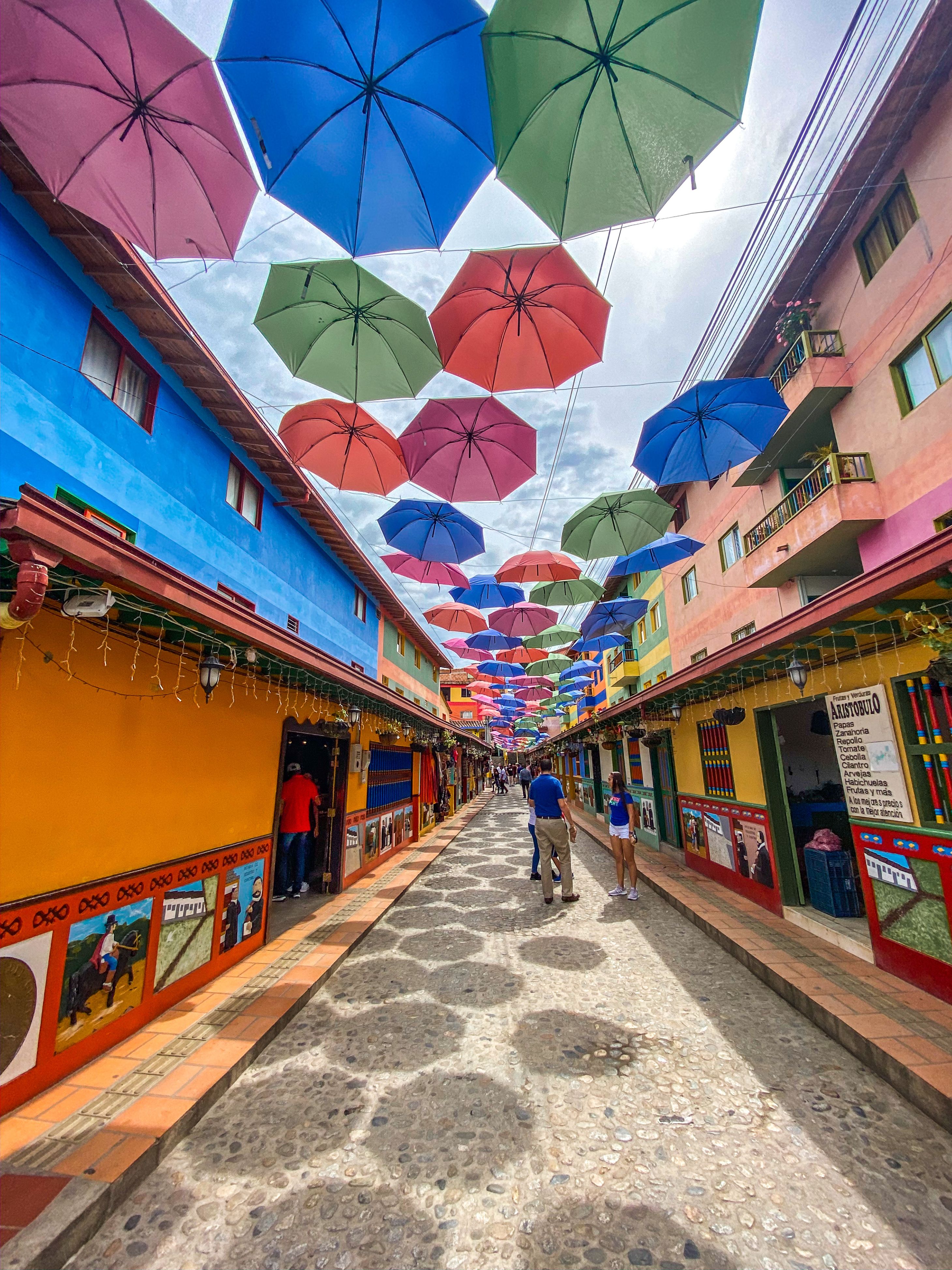 Street in Cartagena with umbrella decorations