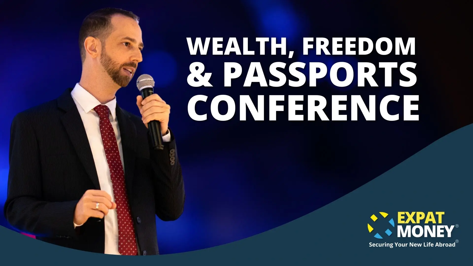 Promotional banner for the Wealth, Freedom & Passports Conference, featuring Mikkel Thorup speaking on stage with a microphone.